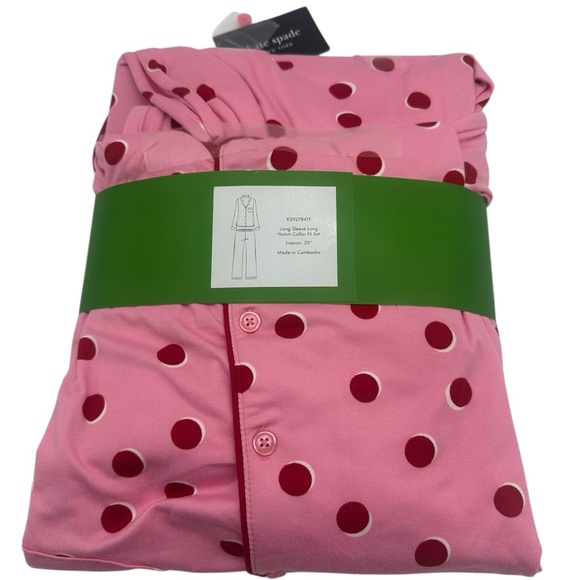 Kate Spade 2pc Long Sleeve & Pants Pajama Set in Pink with Red Polka Dots SMALL - Picture 2 of 3